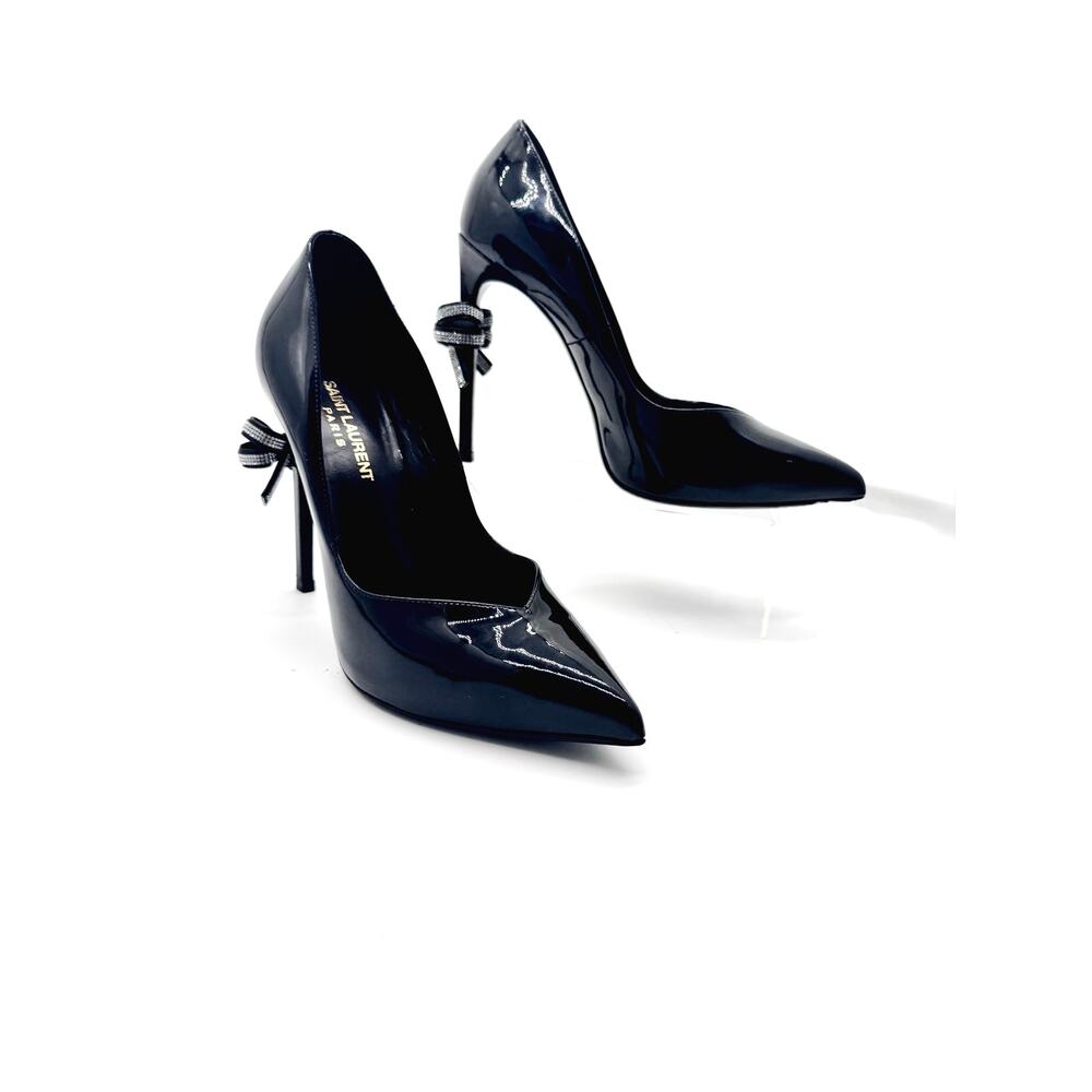 Saint Laurent Black Patent Leather Crystal Bow Runway Heels Pumps EU 38.5